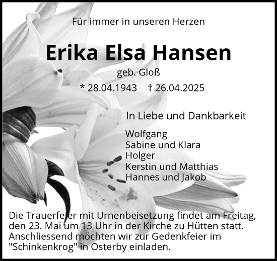 Traueranzeige von Erika Elsa Hansen von Eckernförder Zeitung, Hallo Eckernförde