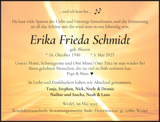Traueranzeige von Erika Frieda Schmidt von Wedel-Schulauer Tageblatt, tip Wedel-Schulauer Tageblatt, tip Rissener Rundschau