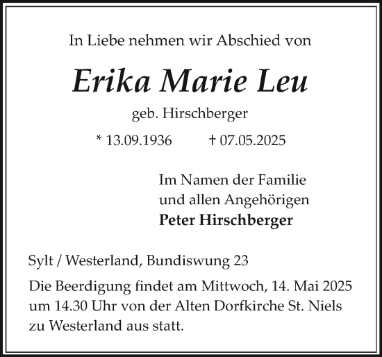 Traueranzeige von Erika Marie Leu von Sylter Rundschau