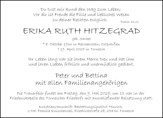 Traueranzeige von Erika Ruth Hitzegard von Uetersener Nachrichten, Der tip am Wochenende