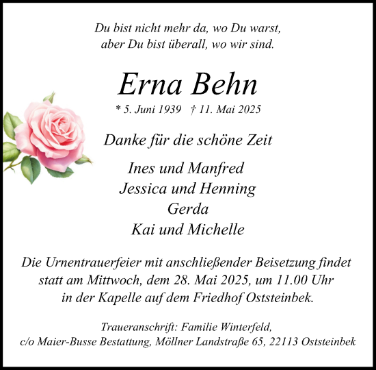 Traueranzeige von Erna Behn von MARKT Glinde/Reinfeld