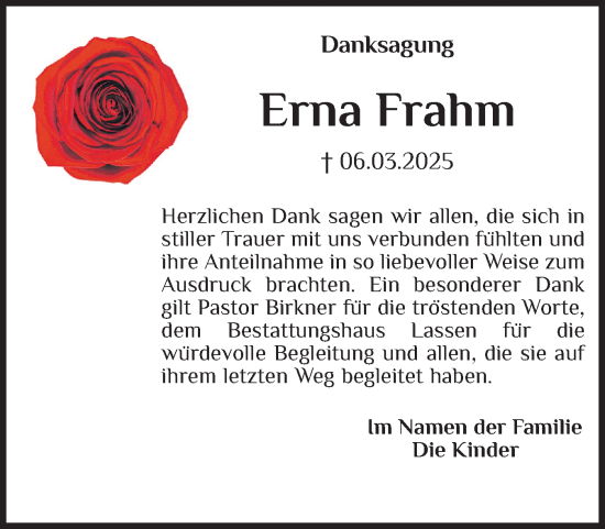 Traueranzeige von Erna Frahm von Schleswiger Nachrichten, Schlei-Bote