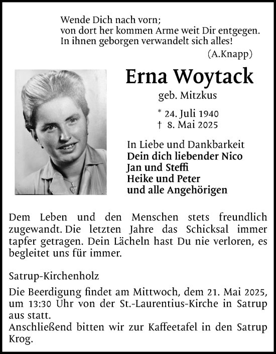 Traueranzeige von Erna Woytack von Flensburger Tageblatt, Schleswiger Nachrichten, Schlei-Bote