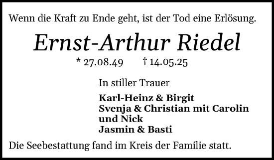 Traueranzeige von Ernst-Arthur Riedel von Die WochenSchau Gesamtausgabe