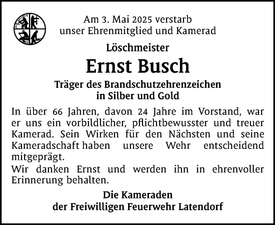 Traueranzeige von Ernst Busch von Holsteinischer Courier