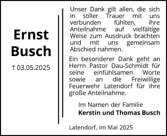 Traueranzeige von Ernst Busch von Holsteinischer Courier