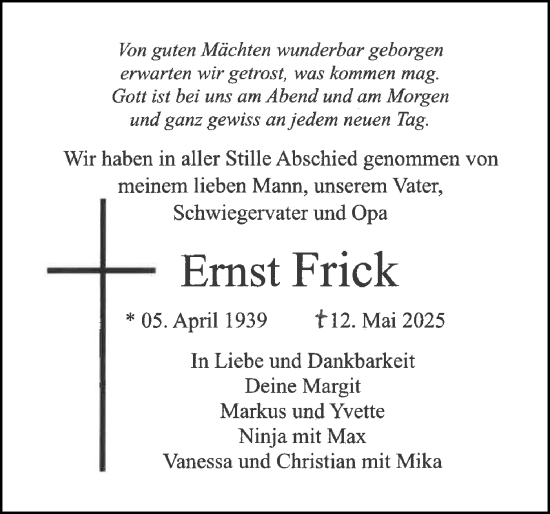 Traueranzeige von Ernst Frick von Holsteinischer Courier