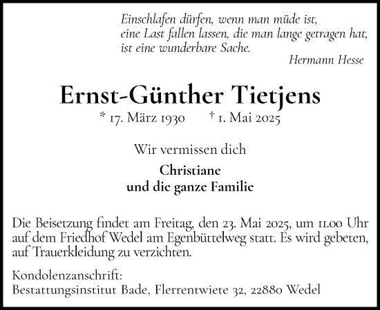 Traueranzeige von Ernst-Günther Tietjens von Wedel-Schulauer Tageblatt, tip Wedel-Schulauer Tageblatt, tip Rissener Rundschau