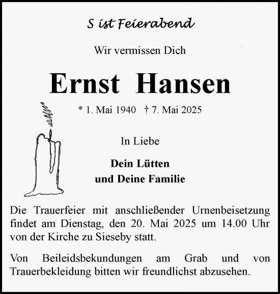 Traueranzeige von Ernst Hansen von Eckernförder Zeitung, Hallo Eckernförde