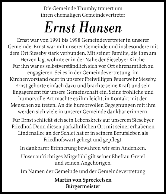 Traueranzeige von Ernst Hansen von Eckernförder Zeitung, Hallo Eckernförde