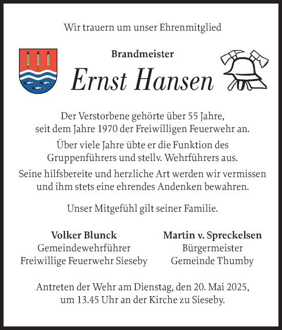 Traueranzeige von Ernst Hansen von Eckernförder Zeitung, Hallo Eckernförde
