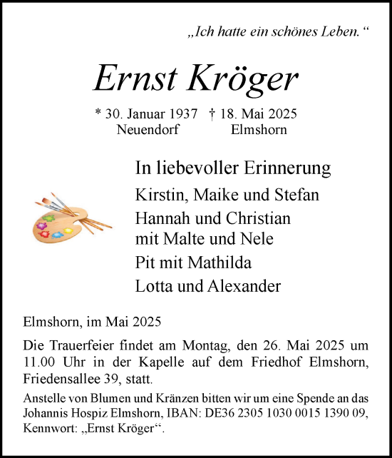 Traueranzeige von Ernst Kröger von Elmshorner Nachrichten, Barmstedter Zeitung