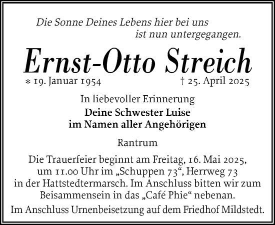 Traueranzeige von Ernst-Otto Streich von Husumer Nachrichten, Nordfriesland Tageblatt