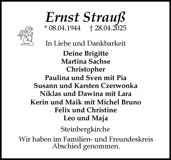 Traueranzeige von Ernst Strauss von Flensburger Tageblatt