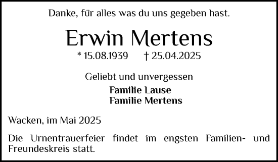 Traueranzeige von Erwin Mertens von Norddeutsche Rundschau, Wilstersche Zeitung, Glückstädter Fortuna