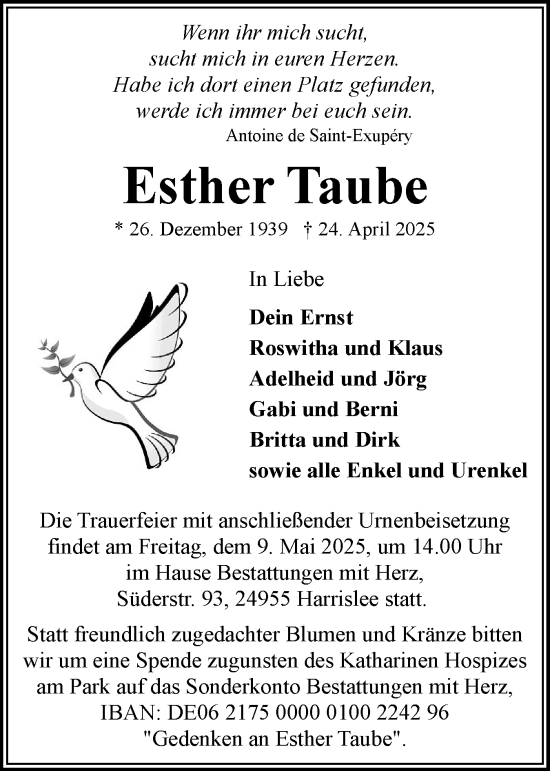 Traueranzeige von Esther Taube von Flensburger Tageblatt