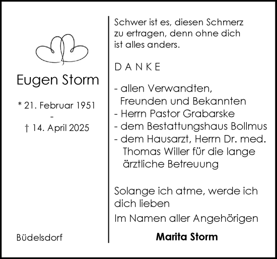 Traueranzeige von Eugen Storm von Schleswig-Holsteinische Landeszeitung