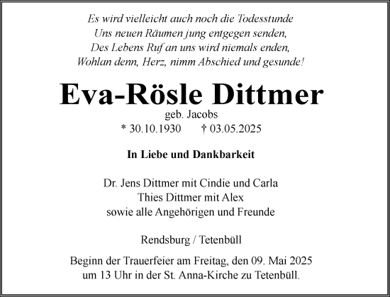 Traueranzeige von Eva-Rösle Dittmer von Husumer Nachrichten, Nordfriesland Tageblatt