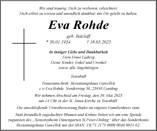 Traueranzeige von Eva Rohde von Husumer Nachrichten, Nordfriesland Tageblatt