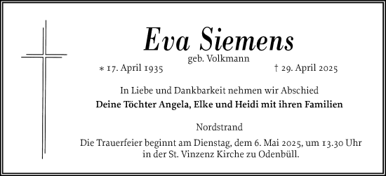 Traueranzeige von Eva Siemens von Husumer Nachrichten, Nordfriesland Tageblatt