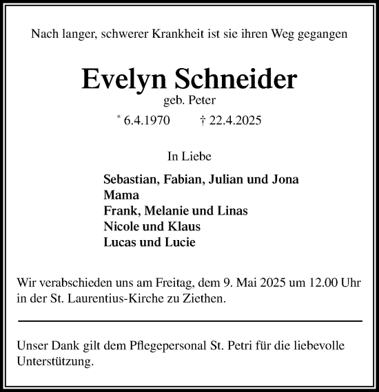 Traueranzeige von Evelyn Schneider von MARKT Ratzeburg/Mölln