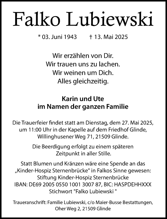 Traueranzeige von Falko Lubiewski von MARKT Glinde/Reinfeld
