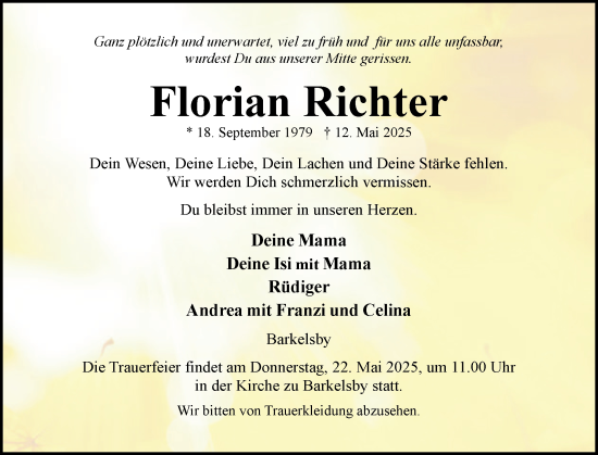 Traueranzeige von Florian Richter von Eckernförder Zeitung, Hallo Eckernförde