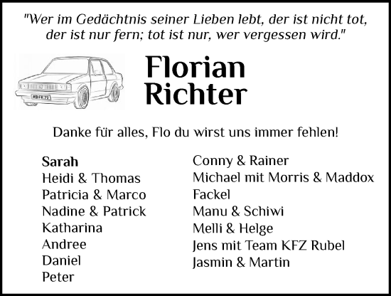 Traueranzeige von Florian Richter von Eckernförder Zeitung, Hallo Eckernförde
