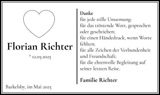 Traueranzeige von Florian Richter von Eckernförder Zeitung, Hallo Eckernförde