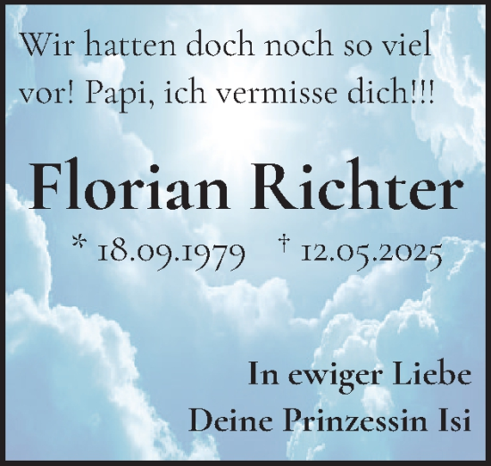 Traueranzeige von Florian Richter von Eckernförder Zeitung, Hallo Eckernförde