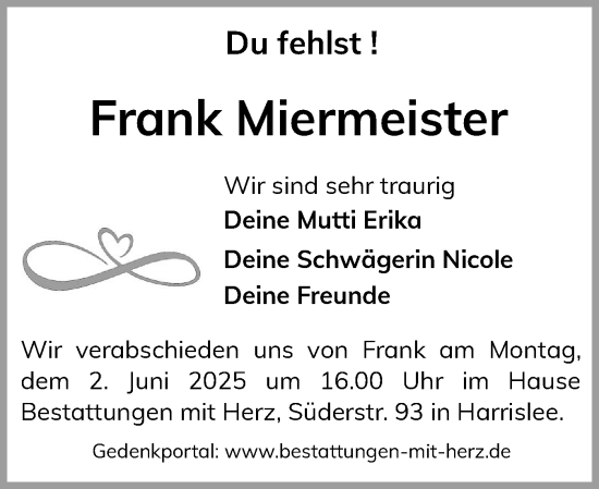 Traueranzeige von Frank Miermeister von Flensburger Tageblatt