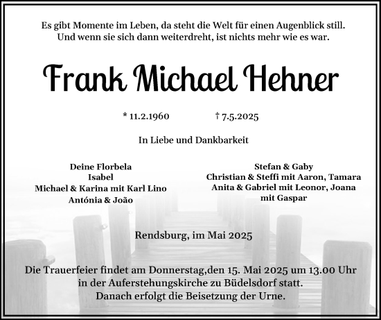 Traueranzeige von Frank Michael Hehner von Schleswig-Holsteinische Landeszeitung
