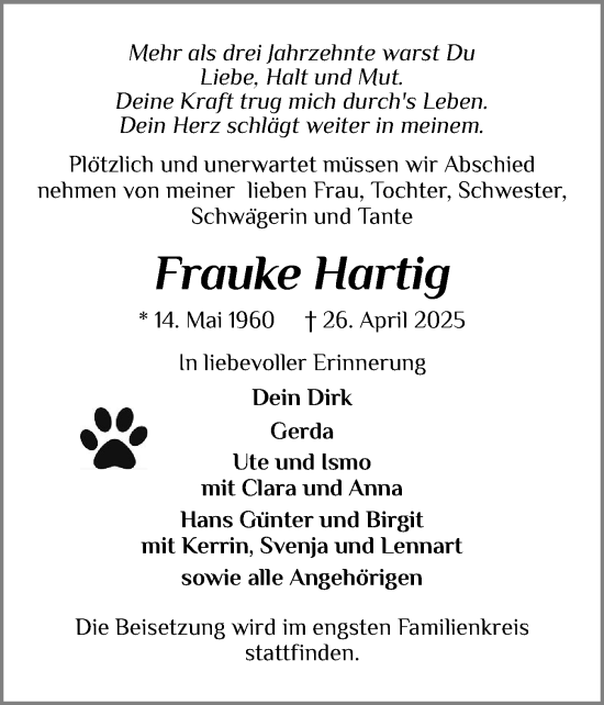 Traueranzeige von Frauke Hartig von Schleswiger Nachrichten, Schlei-Bote