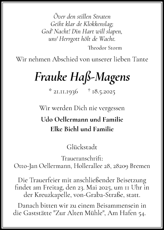 Traueranzeige von Frauke Haß-Magens von Norddeutsche Rundschau, Wilstersche Zeitung, Glückstädter Fortuna