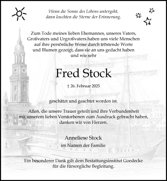 Traueranzeige von Fred Stock von MARKT Ahrensburg/Bargteheide/Trittau und Stormarner Tageblatt