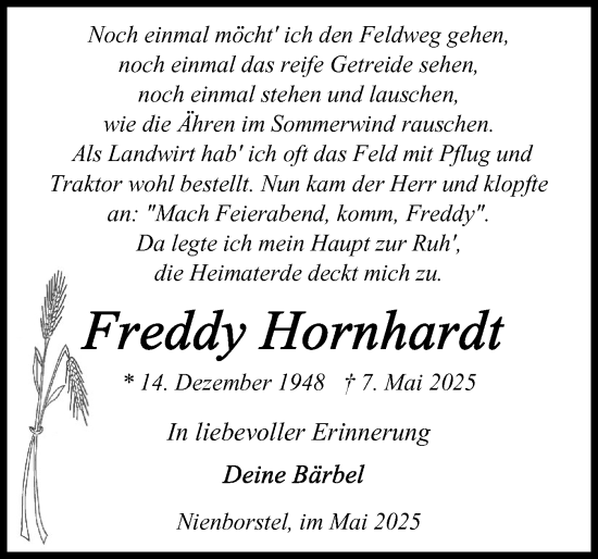 Traueranzeige von Freddy Hornhardt von Schleswig-Holsteinische Landeszeitung
