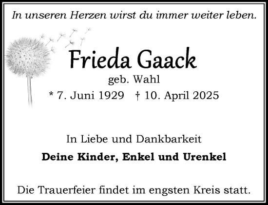 Traueranzeige von Frieda Gaack von MARKT Bad Oldesloe/Reinfeld und Stormarner Tageblatt