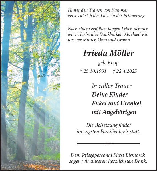 Traueranzeige von Frieda Möller von MARKT Ratzeburg/Mölln