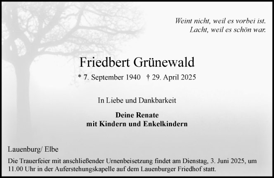 Traueranzeige von Friedbert Grünewald von Wochenend Anzeiger