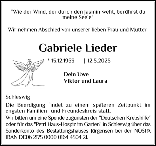 Traueranzeige von Gabriele Lieder von Schleswiger Nachrichten, Schlei-Bote