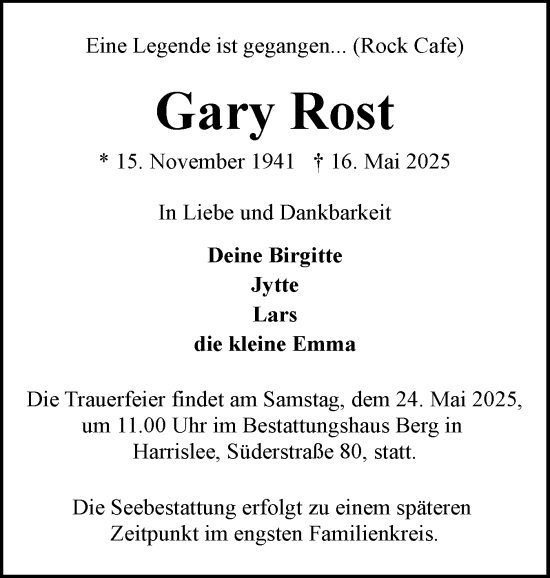 Traueranzeige von Gary Rost von Flensburger Tageblatt