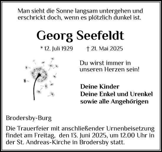 Traueranzeige von Georg Seefeldt von Schleswiger Nachrichten, Schlei-Bote