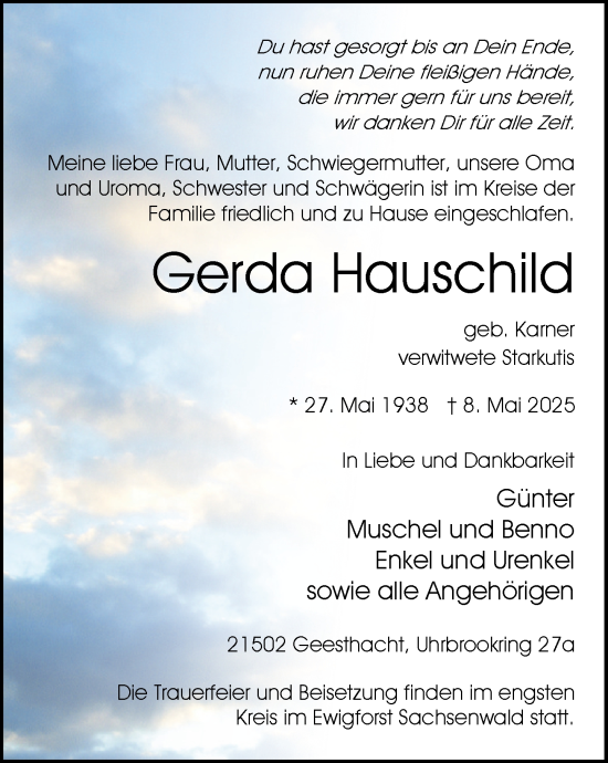 Traueranzeige von Gerda Hauschild von Wochenend Anzeiger