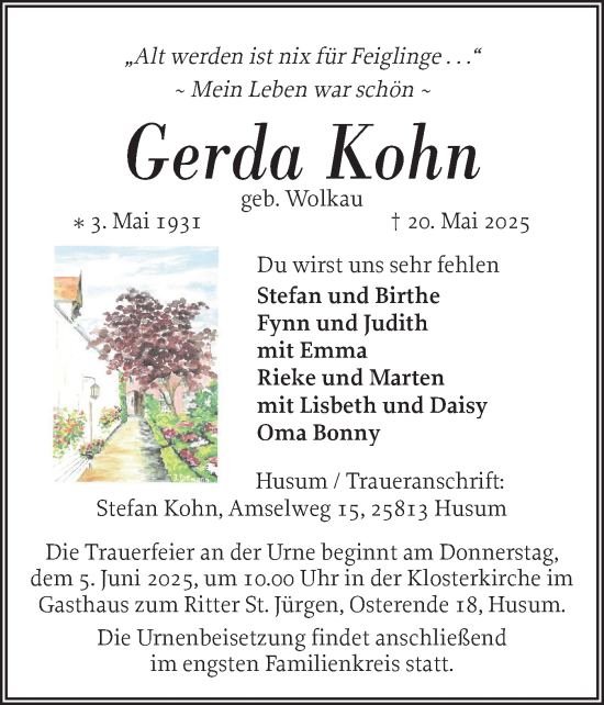 Traueranzeige von Gerda Kohn von Husumer Nachrichten, Nordfriesland Tageblatt