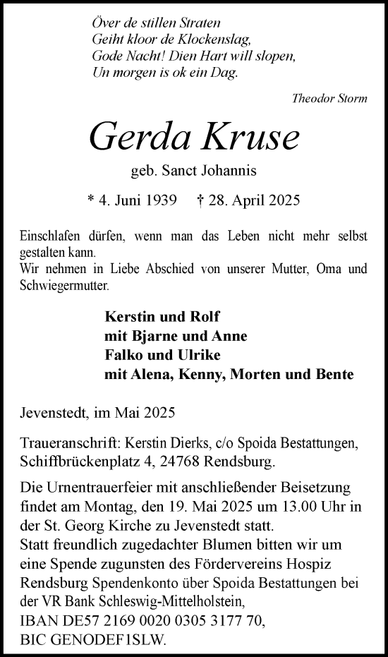 Traueranzeige von Gerda Kruse von Schleswig-Holsteinische Landeszeitung