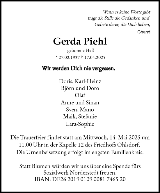 Traueranzeige von Gerda Piehl von Heimatspiegel
