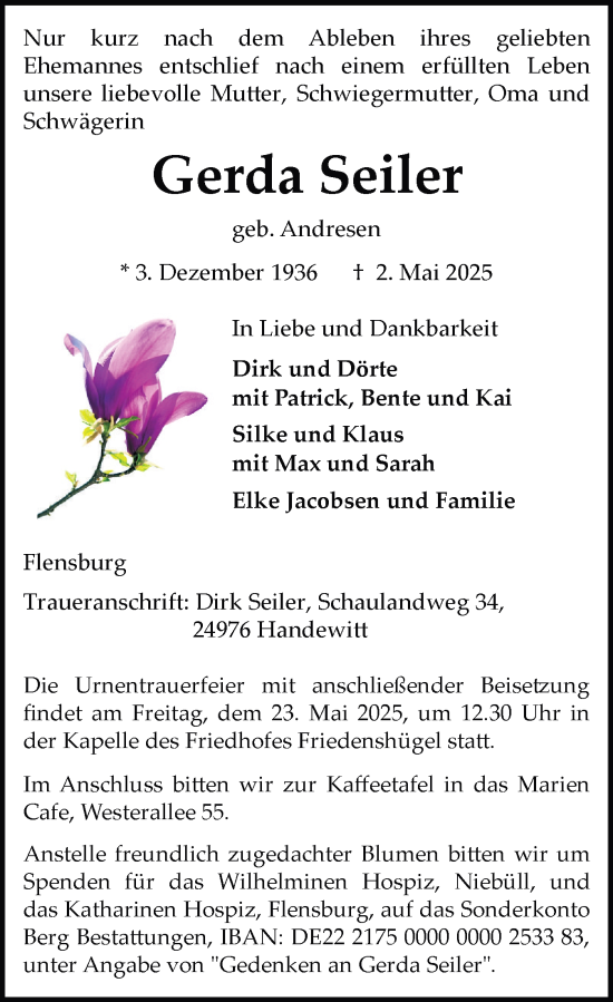 Traueranzeige von Gerda Seiler von Flensburger Tageblatt