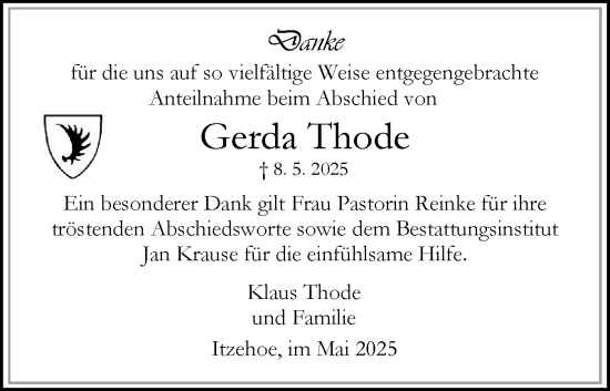 Traueranzeige von Gerda Thode von Norddeutsche Rundschau, Wilstersche Zeitung, Glückstädter Fortuna