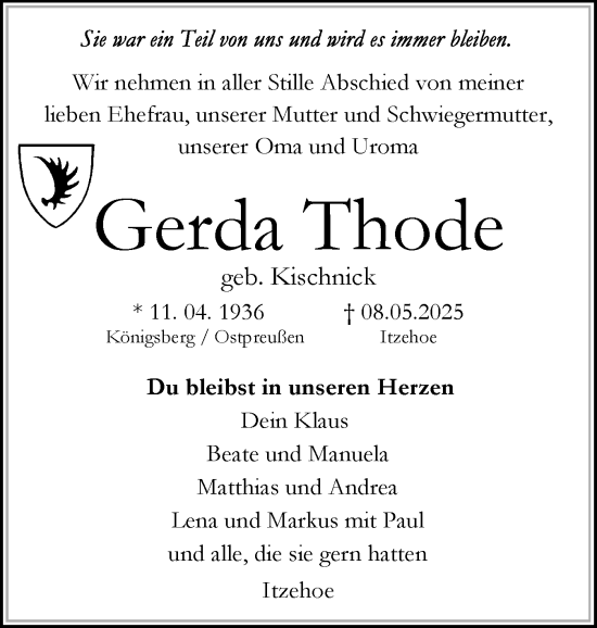 Traueranzeige von Gerda Thode von Norddeutsche Rundschau, Wilstersche Zeitung, Glückstädter Fortuna