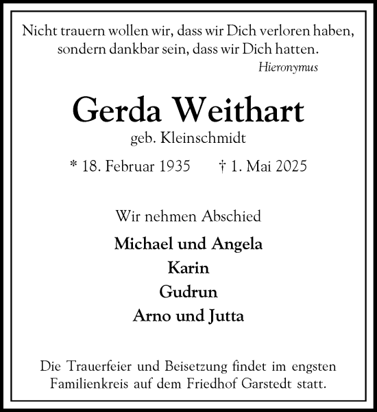 Traueranzeige von Gerda Weithart von Heimatspiegel